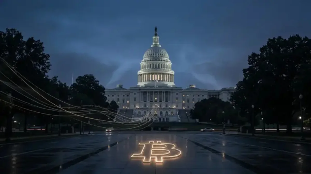 Grafik perdagangan Bitcoin dan gedung institusi keuangan di Amerika Serikat