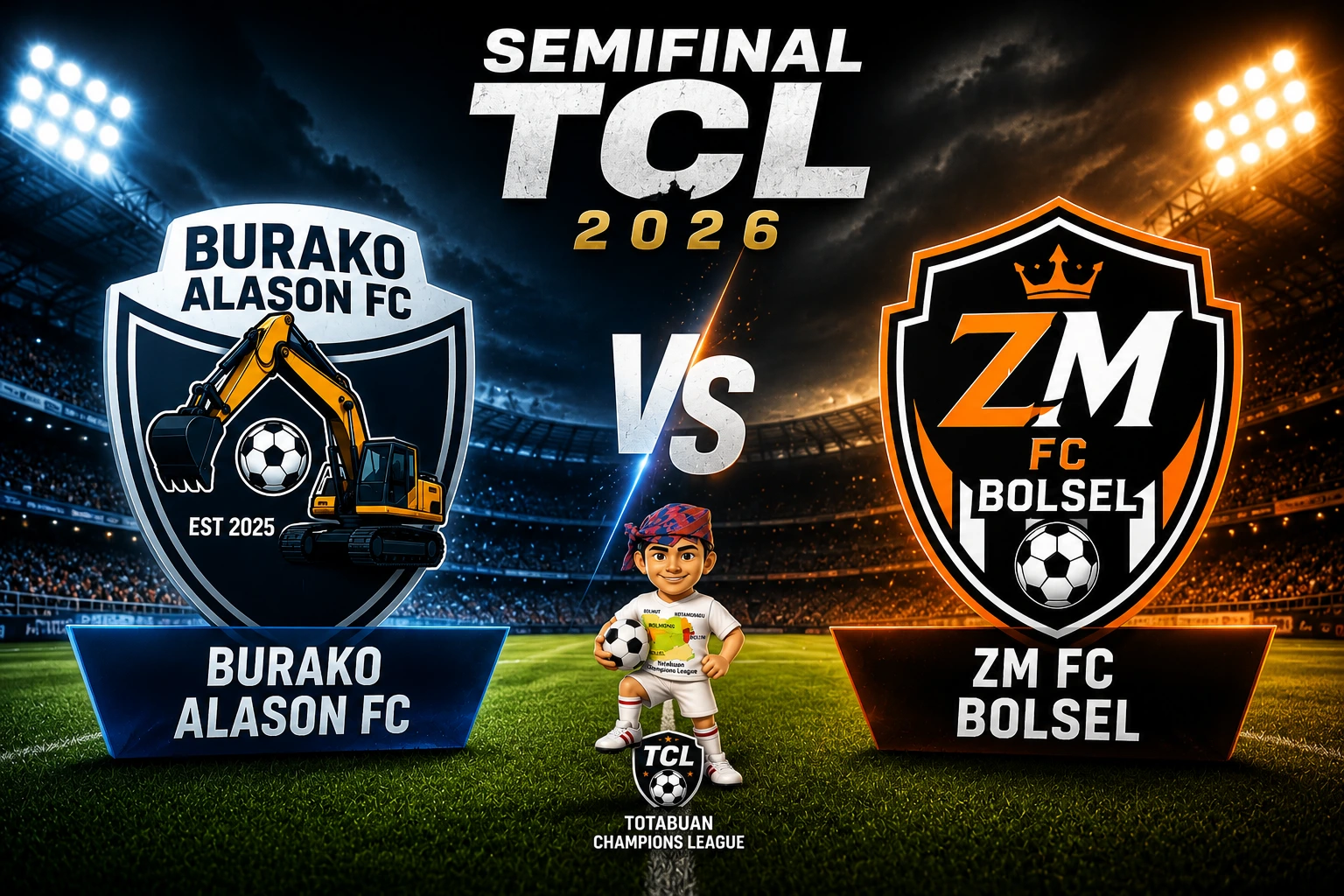 Prediksi semifinal TCL 2026 mempertemukan Burako Alason FC dan ZM FC Bolsel di Stadion Nunuk Matali