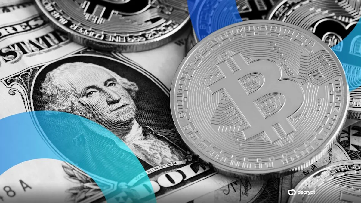 Grafik pergerakan harga Bitcoin yang melonjak dengan latar belakang bursa Wall Street