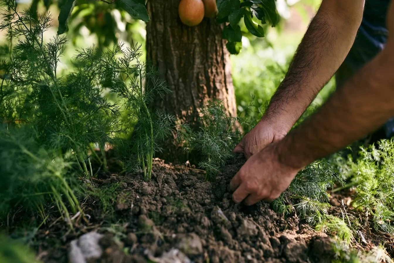 Tanaman aneth yang berbunga kuning efektif mengusir hama dan melindungi pohon buah di kebun