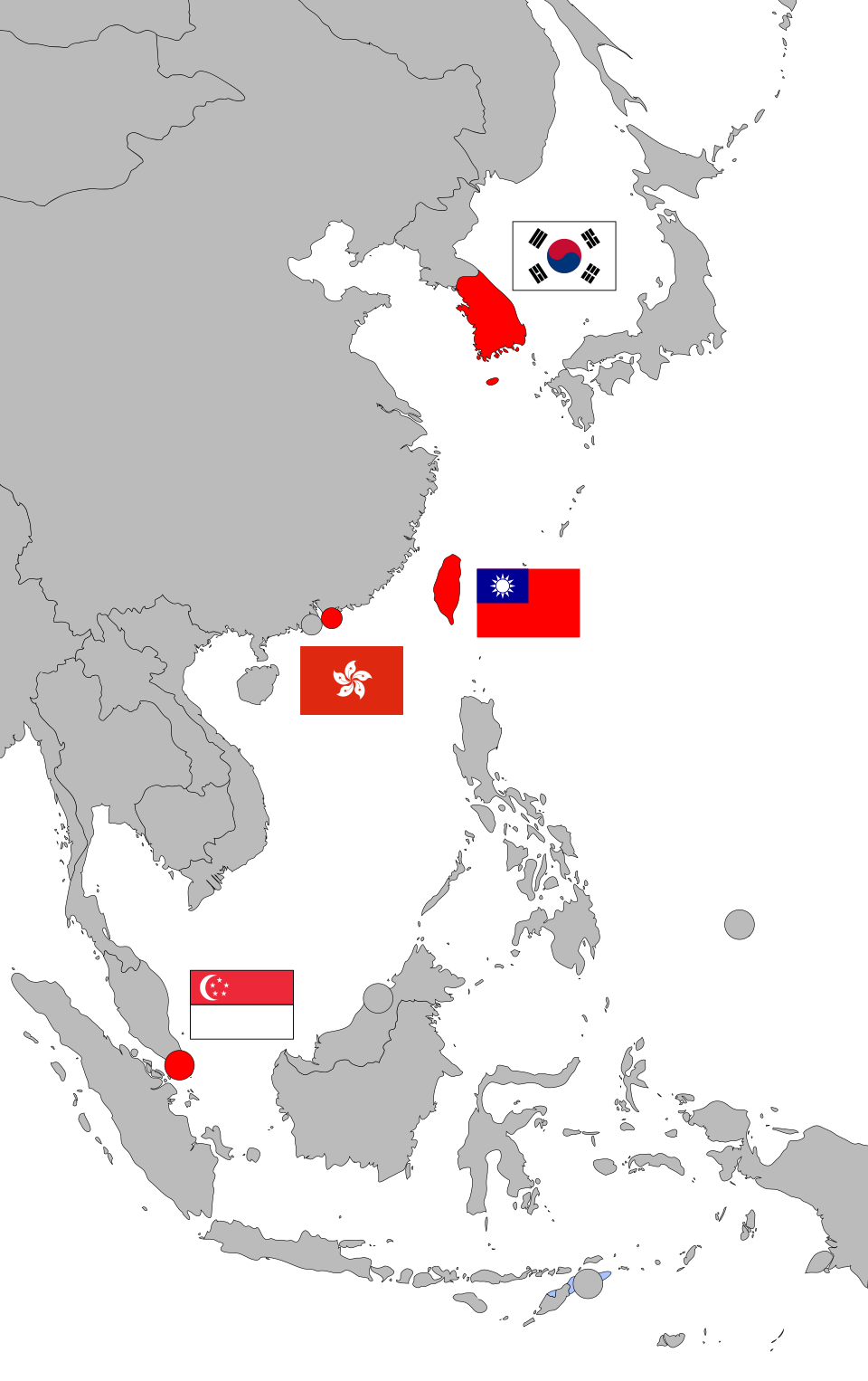 Four Asian Tigers mencakup Hong Kong, Singapura, Korea Selatan, dan Taiwan sebagai pusat ekonomi maju di Asia