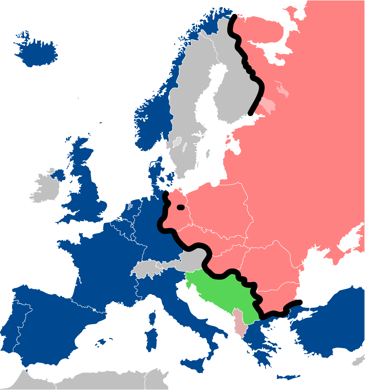 Iron Curtain menjadi batas geopolitik yang memisahkan Eropa Barat dan Blok Timur sejak akhir Perang Dunia II hingga runtuhnya Perang Dingin