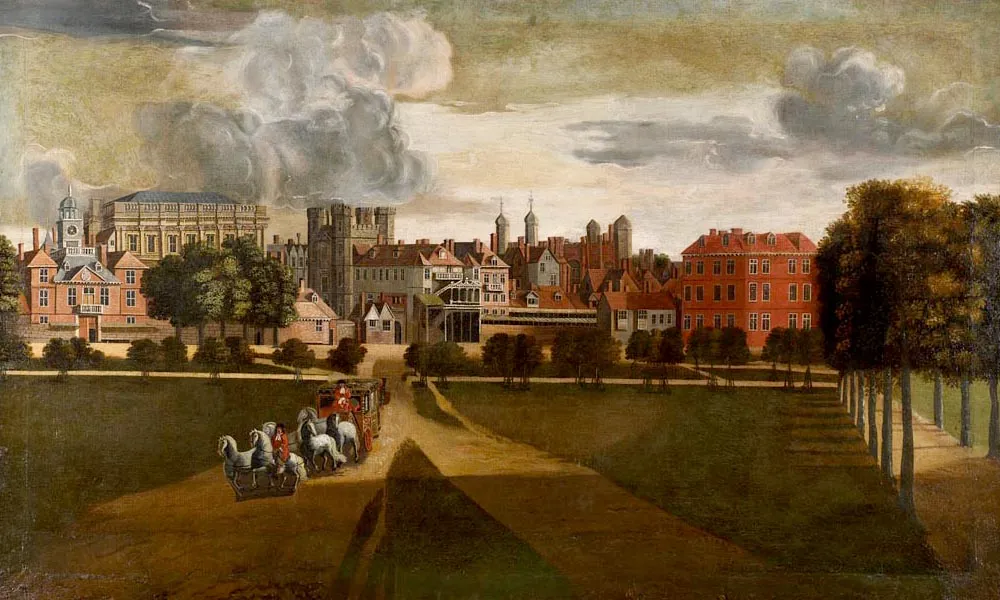 Pemandangan historis Istana Whitehall di London sebelum hancur oleh kebakaran besar pada abad ke-17