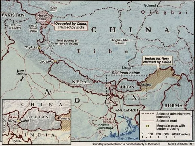 Peta dan kawasan sengketa perbatasan Tiongkok-India yang menjadi titik ketegangan geopolitik strategis