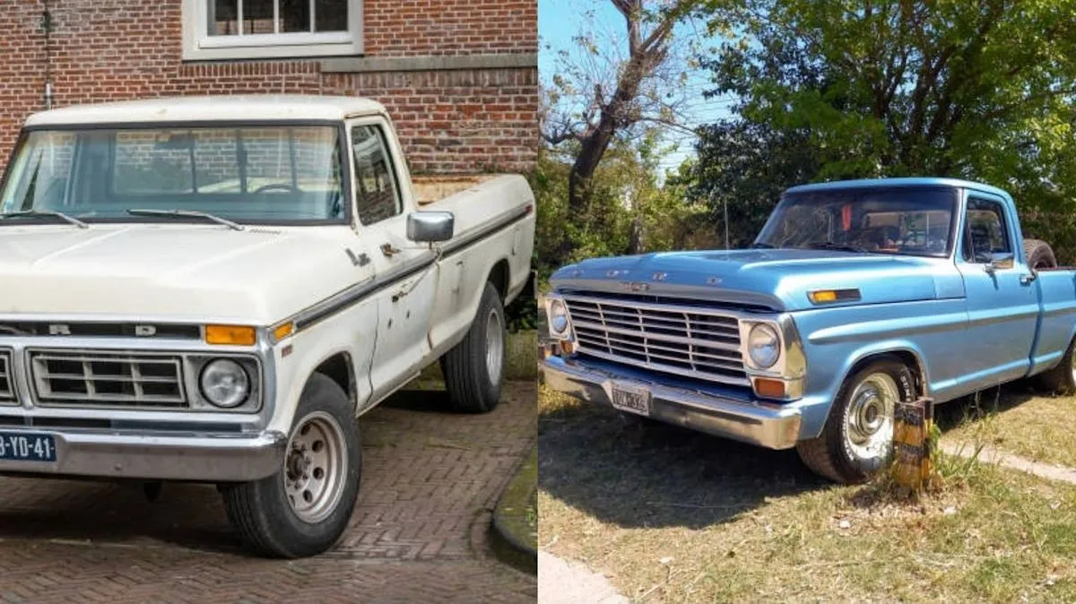 Truk klasik Ford F-Series Dentside tahun 1970-an terparkir di area pameran